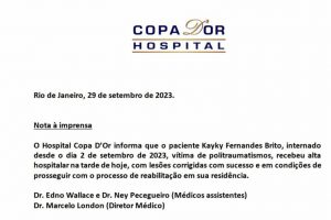 Boletim médico revela alta hospitalar de Kayky Brito – Foto: Divulgação Hospital Copa D’Or